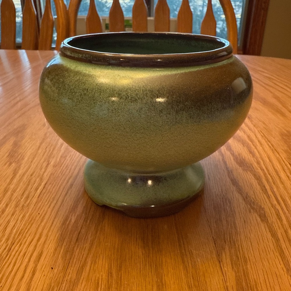 Vintage Frankoma Green & Brown Ceramic Footed Vase